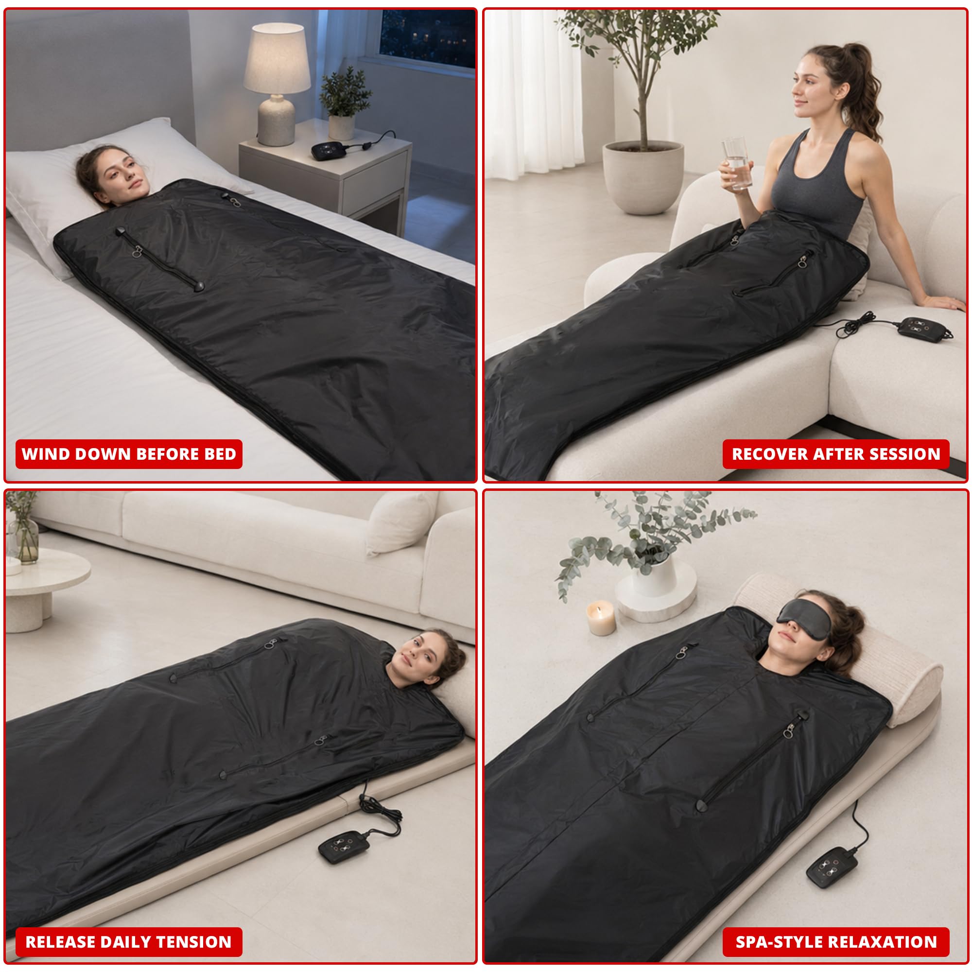 MAXSTRENGTH Koc do sauny na podczerwień do odchudzania i detoksykacji, regulacja temperatury 35-70°C, 180 x 160 cm, domowy koc do terapii spa dla relaksu i regeneracji mięśni (czarny, na całe ciało