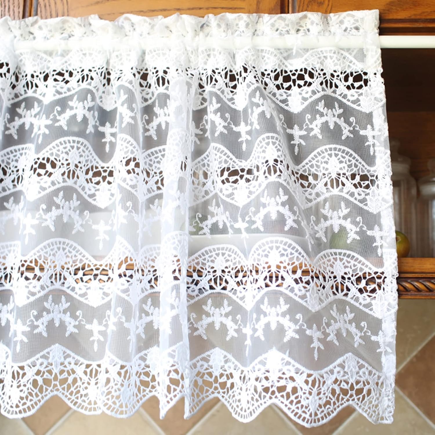 White lace Short Curtains, Kitchen Tier Curtain Small Window Light Filtering Valance Wavy flower Decor Panel rod pocket, for Cafe, Living room, Bedroom, Bathroom ( Size : W200xH114cm/78.7x44.8in )