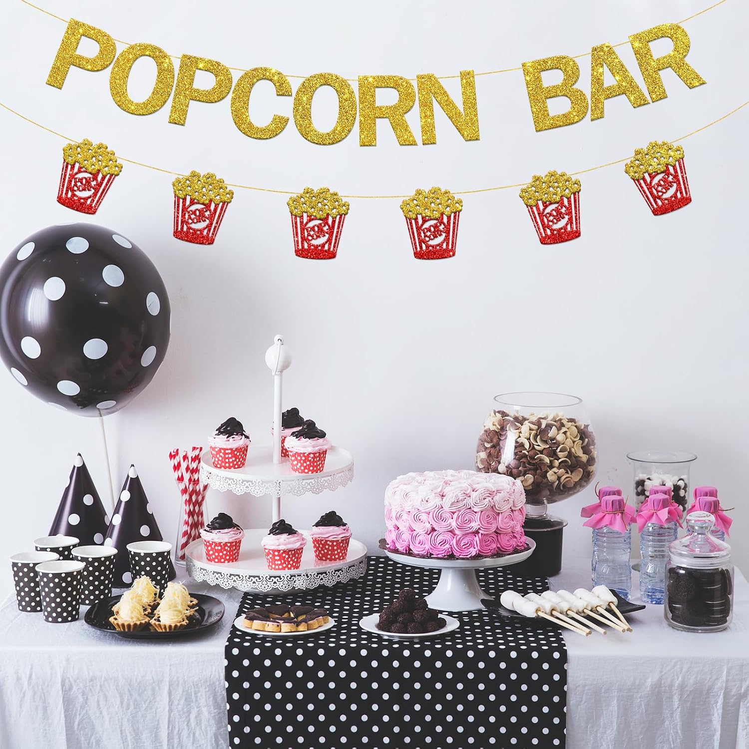 Popcorn Bar Banner Movie Night Party Decorations Popcorn Sign for For Birthday Wedding Bridal Shower Anniversary Party Decor Glitter Gold