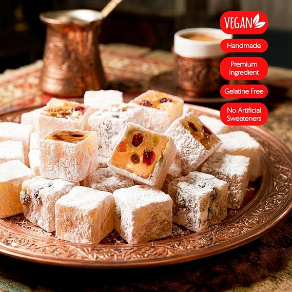 HazerBaba Turkish Delight Candy, Assorted Real Fruits, 3.5oz (Pack of 1) | Lokum, Middle Eastern Sweets, Gluten Free Candy Variety Pack, Vegan Snack Box, Small Gift Box, Kosher Dessert, Halal Food