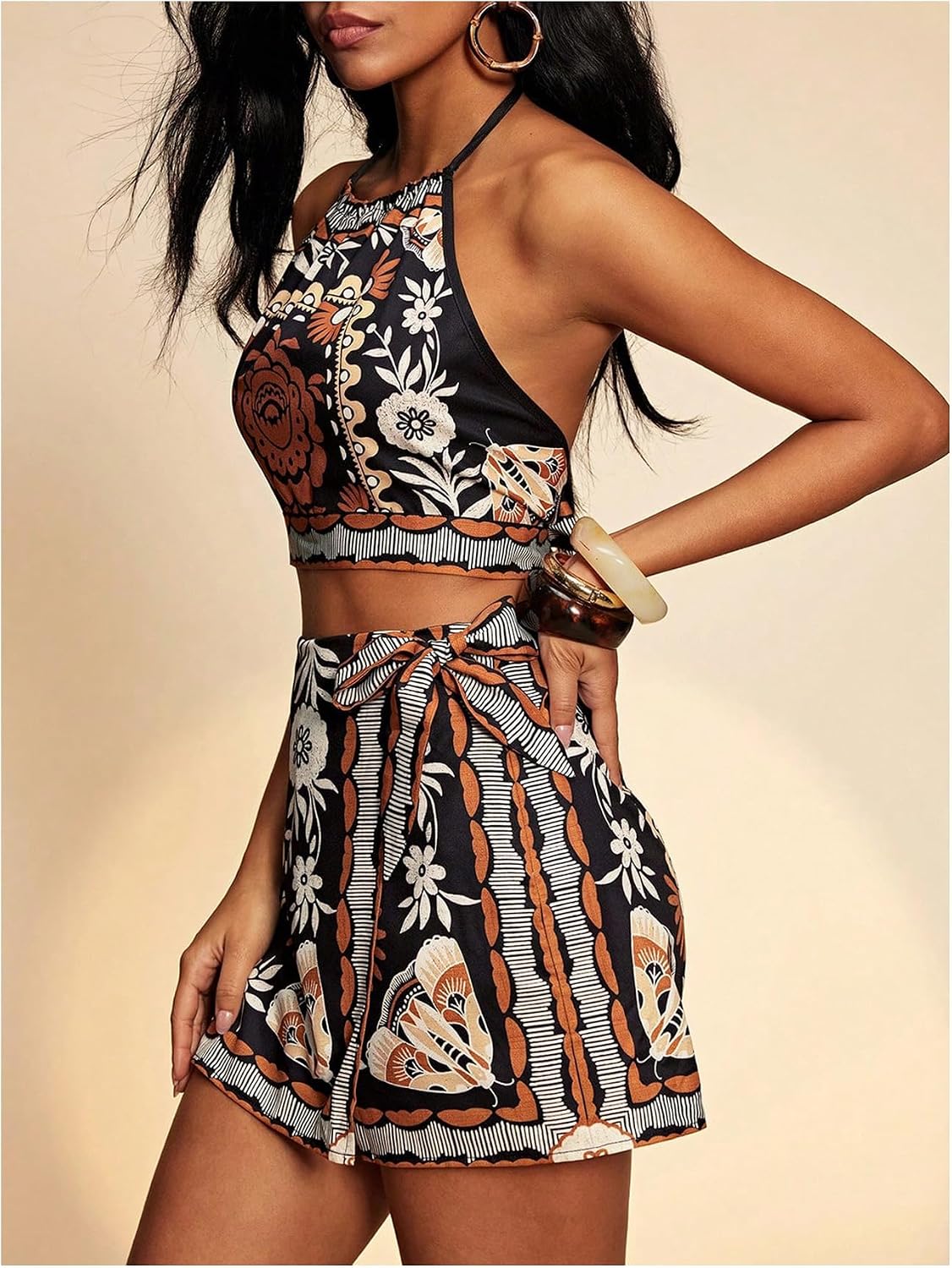 SweatyRocks Women's 2 Piece Summer Vacation Outfits Boho Tie Back Halter Crop Top and Wrap Shorts Sets