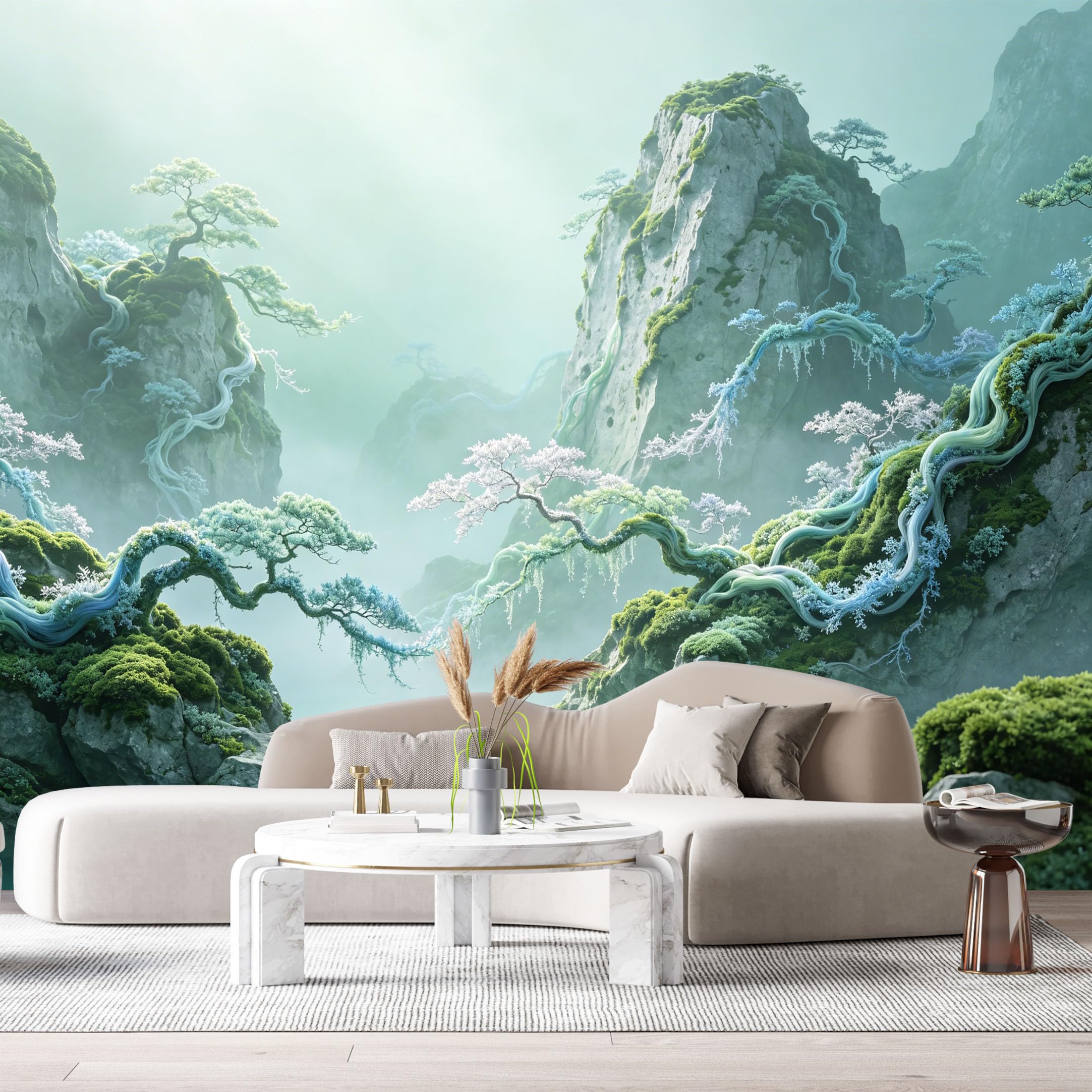 Custom Size Wall Murals Misty Mountain Forest Landscape Watercolor Ancient Pine Tree Cliffs SelfAdhesive Wall Fabric Removable Large Wallpaper for Photo Living Room