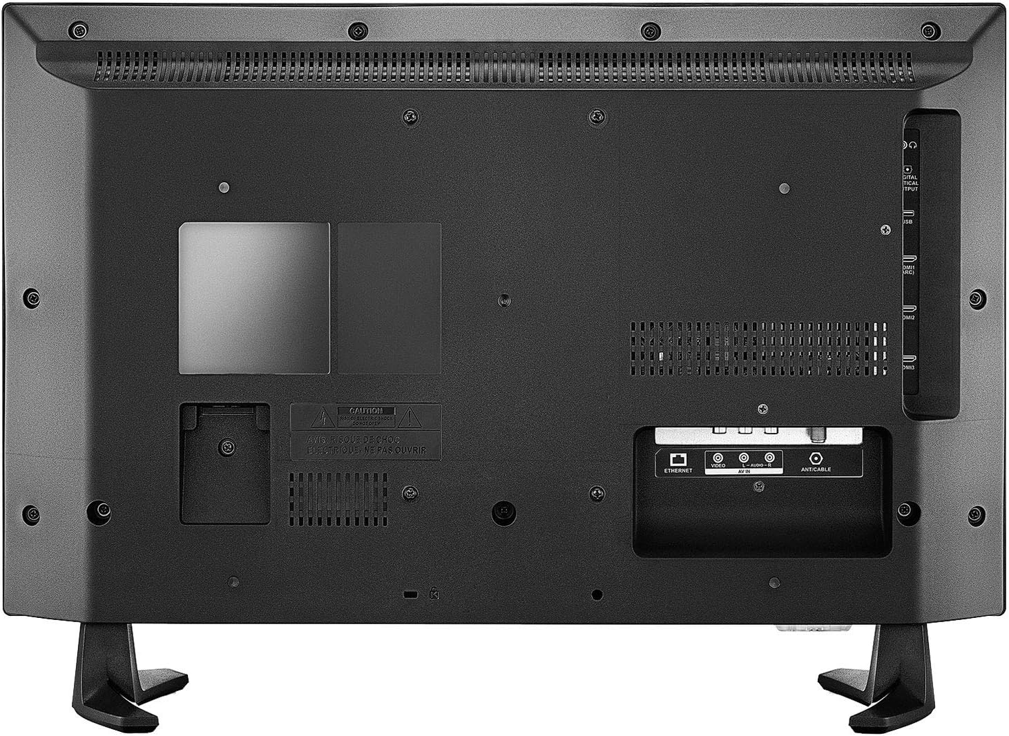 Posteriore view of the Insignia 24-inch Fire TV Edition Smart TV, highlighting the input and output ports on the back panel.