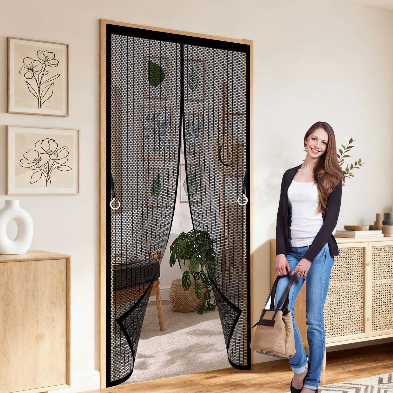 Magnetic Screen Door 105 x 176 cm Heavy Duty Mesh, Magnetic Self-Sealing Door Screen Self Sealing No Gap, Pet-Friendly for Home, Office and Store, Black