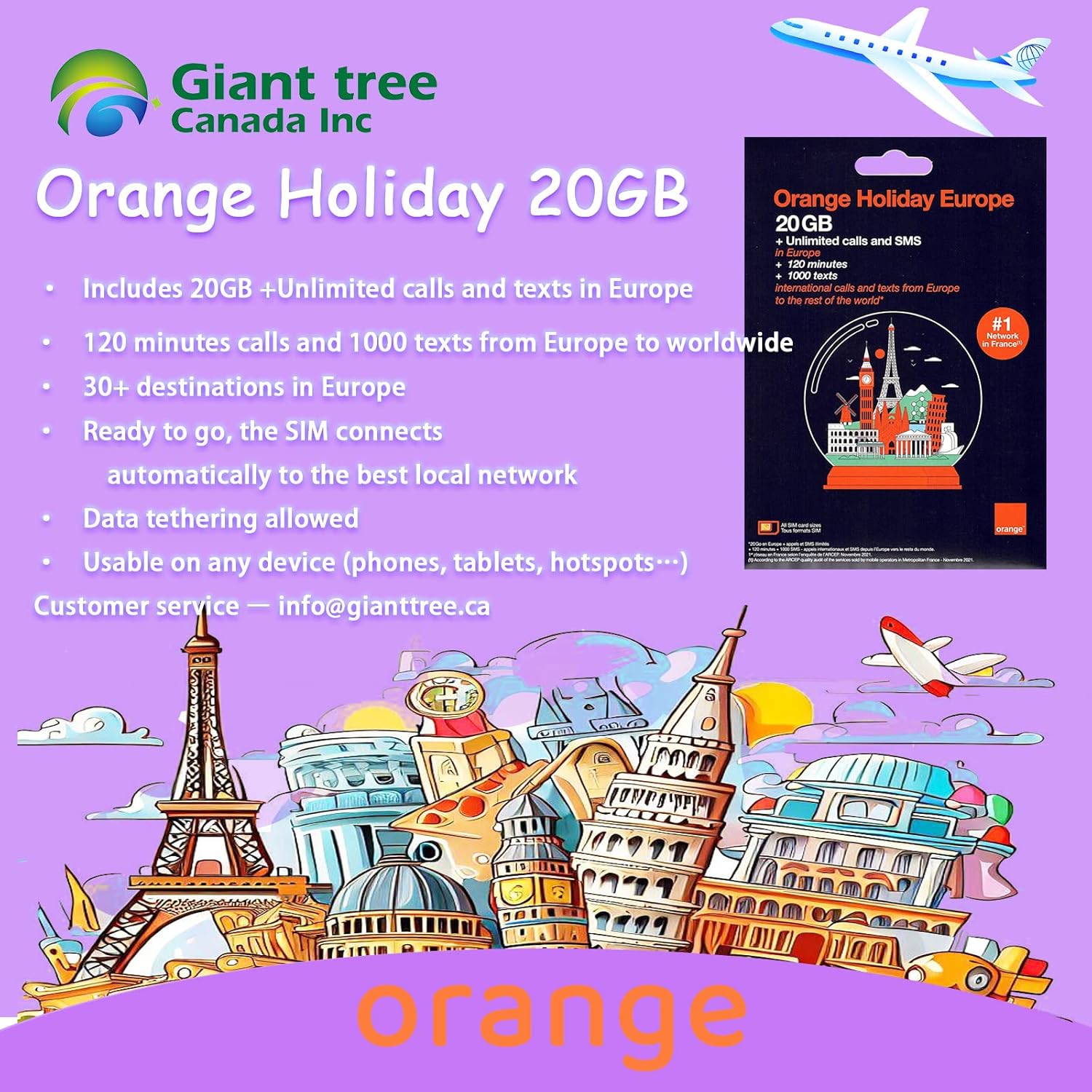 Orange Holiday 20GB (Europe sim Card,France, UK, Sim Card) Amazon.ca