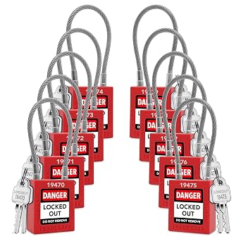 TRADESAFE Lockout Tagout Steel Cable Locks with Keys - 10 Red Keyed Alike Unlimited Grouping Electrical Lockout Padlock Set, 2 Keys Per Lock, Premium Grade Loto Locks, OSHA Compliant