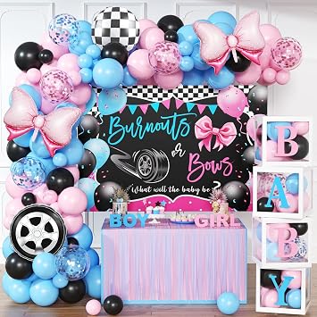 Burnouts or Bows Gender Reveal Decorations - 143pcs Pink Blue Balloon Garland Kit, 4pcs Baby Box With Letters, What Will the Baby Be Backdrop, Boy or Girl Gender Reveal Party Supplies