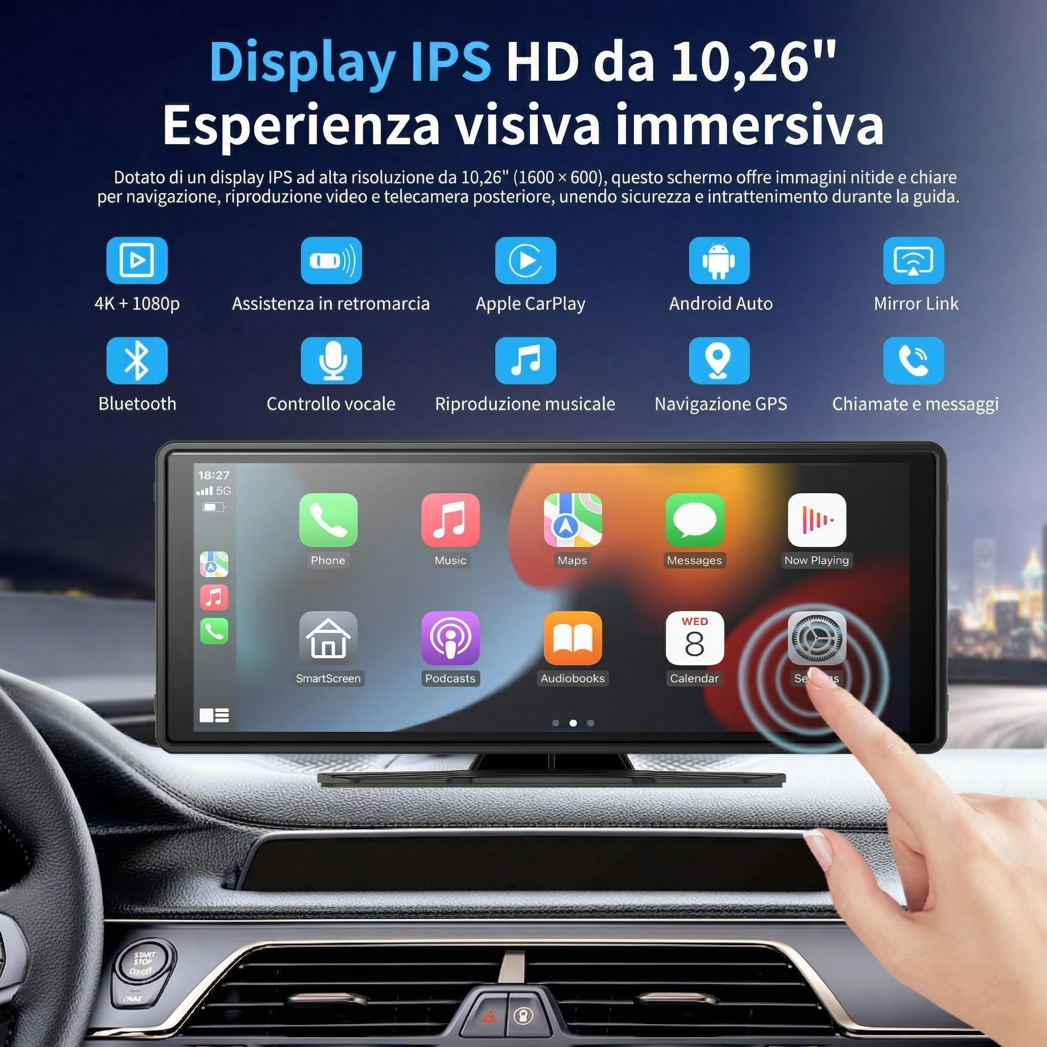 Schermo CarPlay Auto 10,26", Car Play per Auto Wireless e Android Auto, Dash Cam 4K, Supporto Retrocamera 1080P, Schermo per Auto IPS Touch, Mirror Link, BT/FM/AUX, TF 64GB, Plug and Play 12V/24V