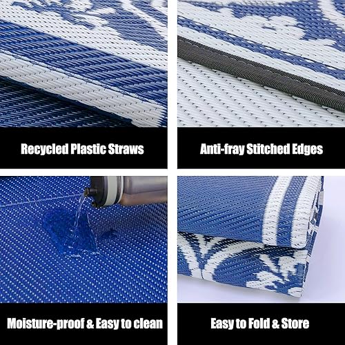 Miniatura 67 de HUGEAR Alfombra impermeable de plástico para exteriores, 5 x 8 pies, lavable, reversible, alfombra a rayas de arco iris, para camping, caravana