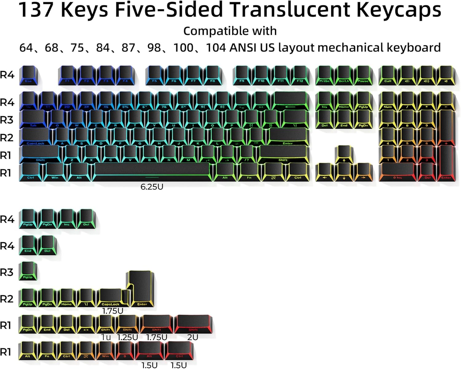 XVX Shine Through PBT Keycaps, Black Prism Keyboard Keycaps, Side Printed Translucent Keycap Set, Cherry Profile Key Caps for Mechanical Keyboards with MX Switches