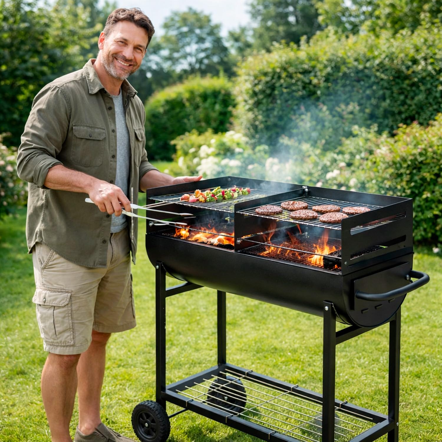Barbecue A Carbone Con 2 Griglie Regolabili BBQ In Acciaio Resistente Con Ruote E Ripiano Portaoggetti Ideale Per Giardino Terrazzo E Grigliate All Aperto 90 x 45 x 96 Cm Nero