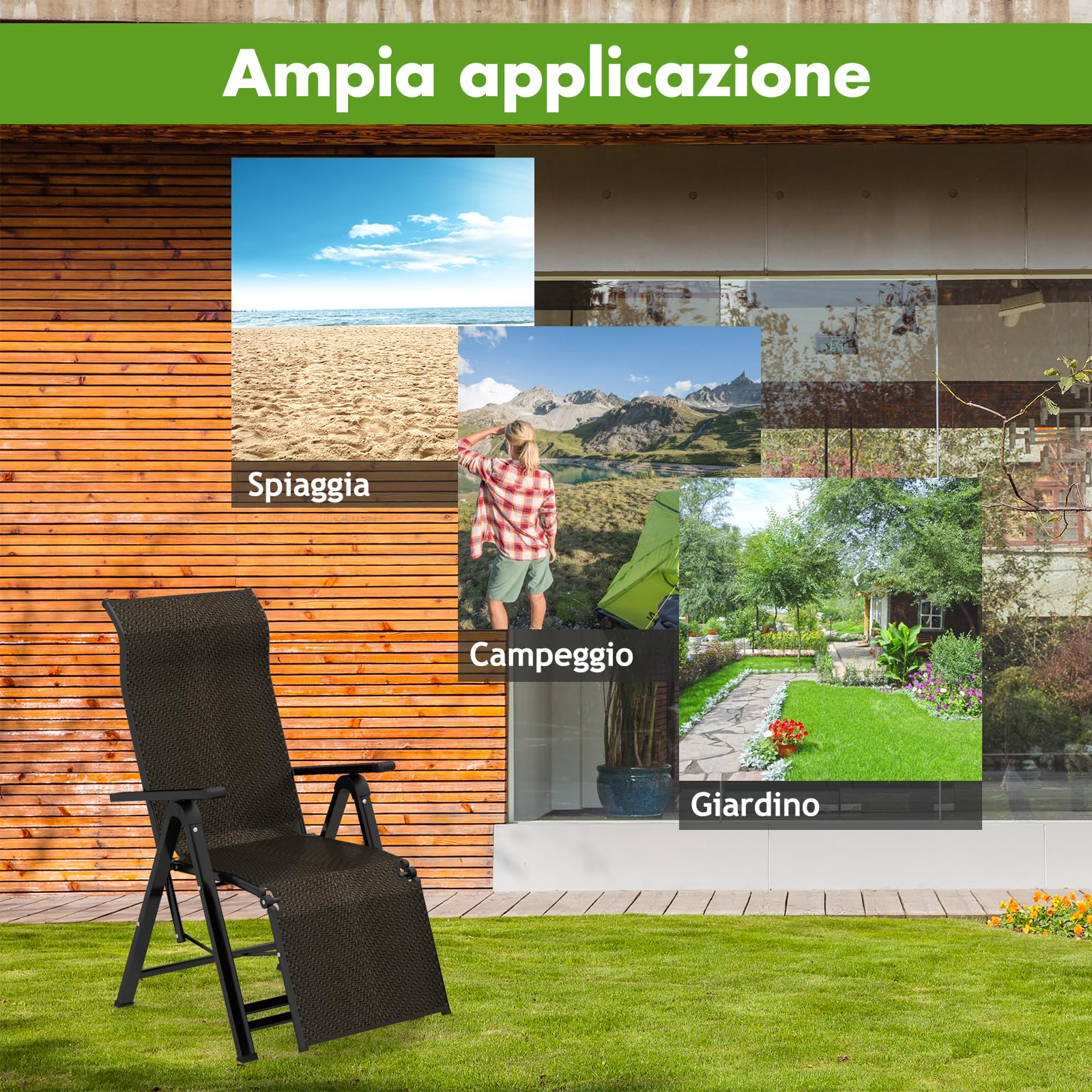 COSTWAY Sdraio da Giardino Pieghevoli in Rattan e Acciaio, Schienale Regolabile 10 Posizioni, Portata 113 kg, 2 Pezzi