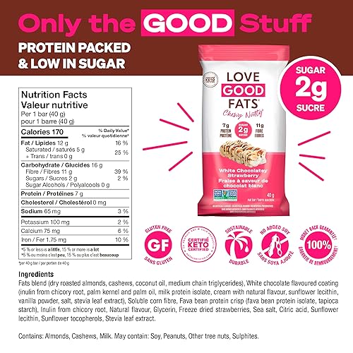 Miniatura 2 de Love Good Fats Barras de bocadillos de proteína Keto  Fresa de chocolate blanco con nueces masticables con almendras y anacardos  046oz de grasas