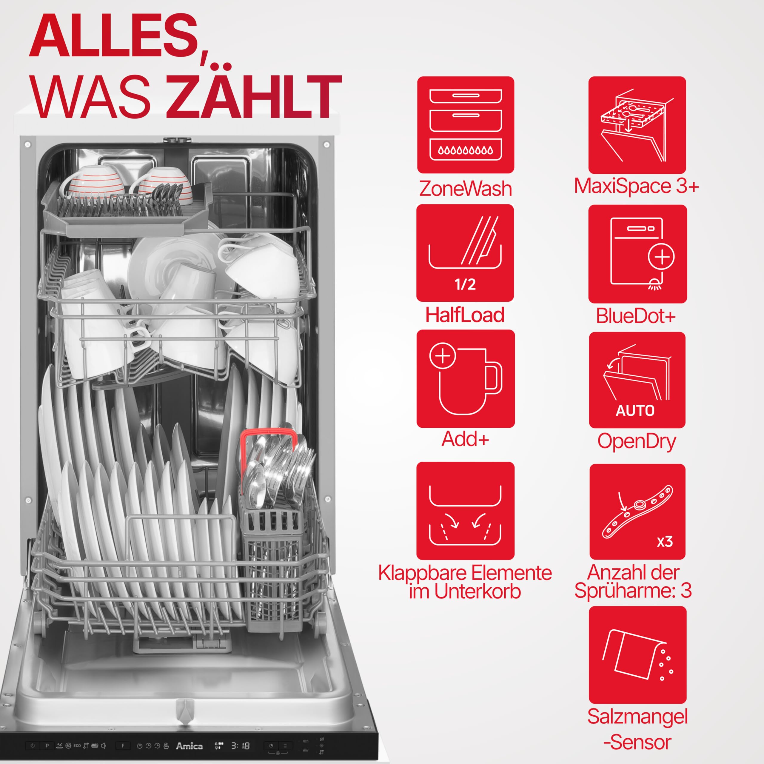 Amica Einbau Geschirrspüler 45 cm 10 Maßgedecke OpenDry EGSPV 586 901 | 6 Programme, SmartTray 1/2 Besteckschublade, Add+ Nachlegefunktion, AquaStopp, BlueDot+, Höhenverstellbarer Oberkorb