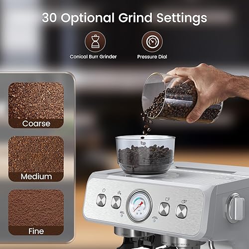 Miniatura 2 de Máquina de café expreso con molinillo, máquinas de café expresso semiautomáticas de acero inoxidable de 20 bares, con un espumador de leche, varita