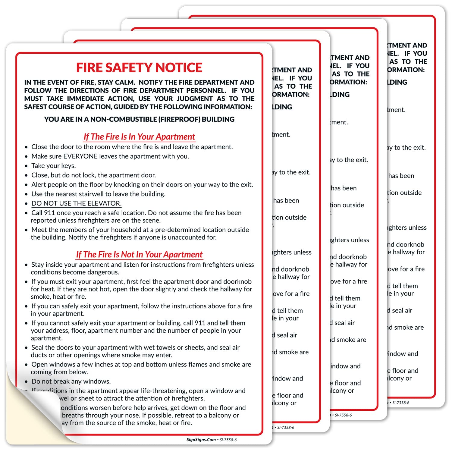 (4 Pack) Fire Safety Notice Fireproof Building Sign, For Fireproof Buildings, FDNY Sign, Required by NYC HPD, 6x9 Inches, 4 Mil Vinyl Decal Stickers