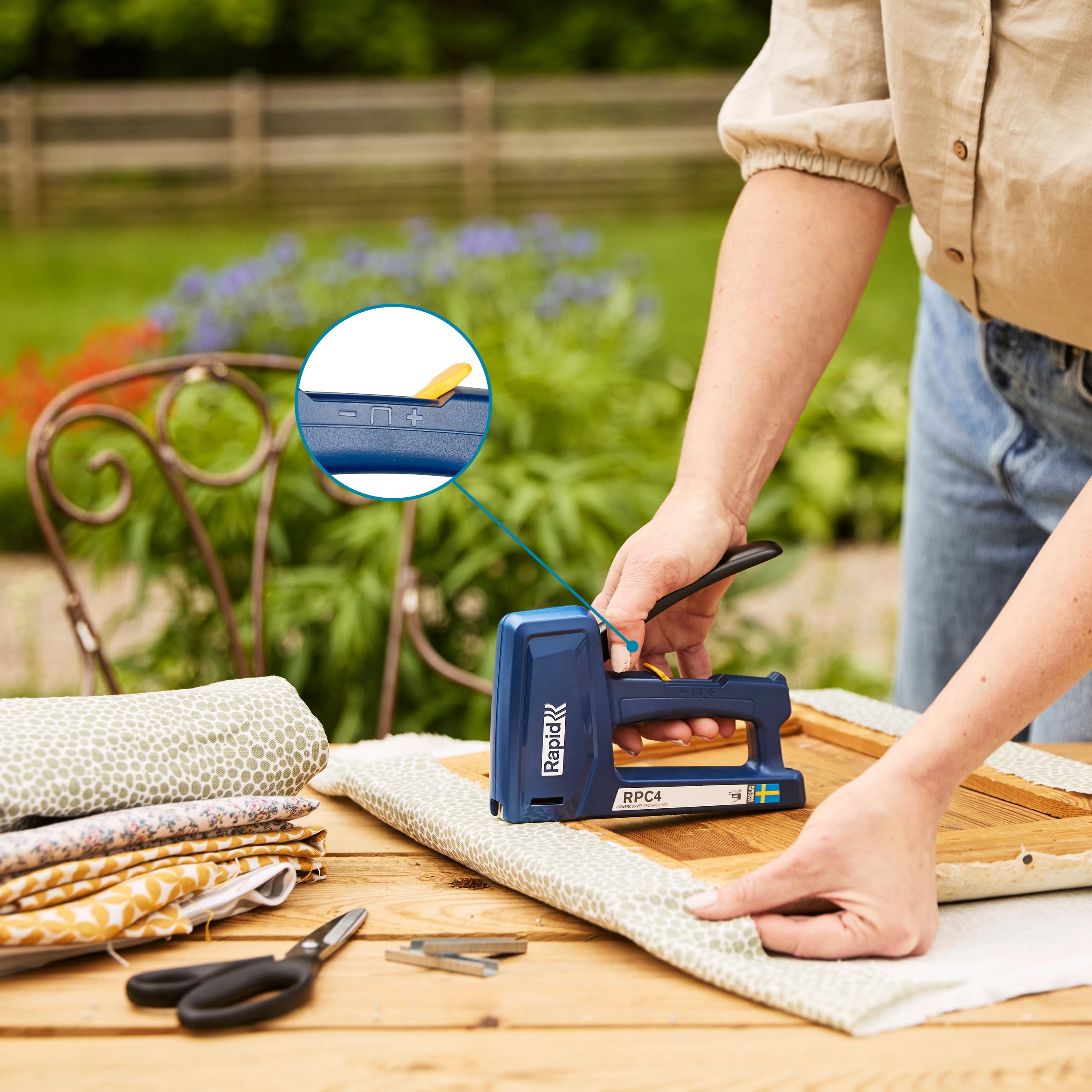 RAPID Cucitrice 4 in 1 per legno resistente - Per fai da te, tappezzeria e tappeti - Resistente e leggera - Fino al 50% più facile da spremere - Made in Sweden - Cucitrice RPC4