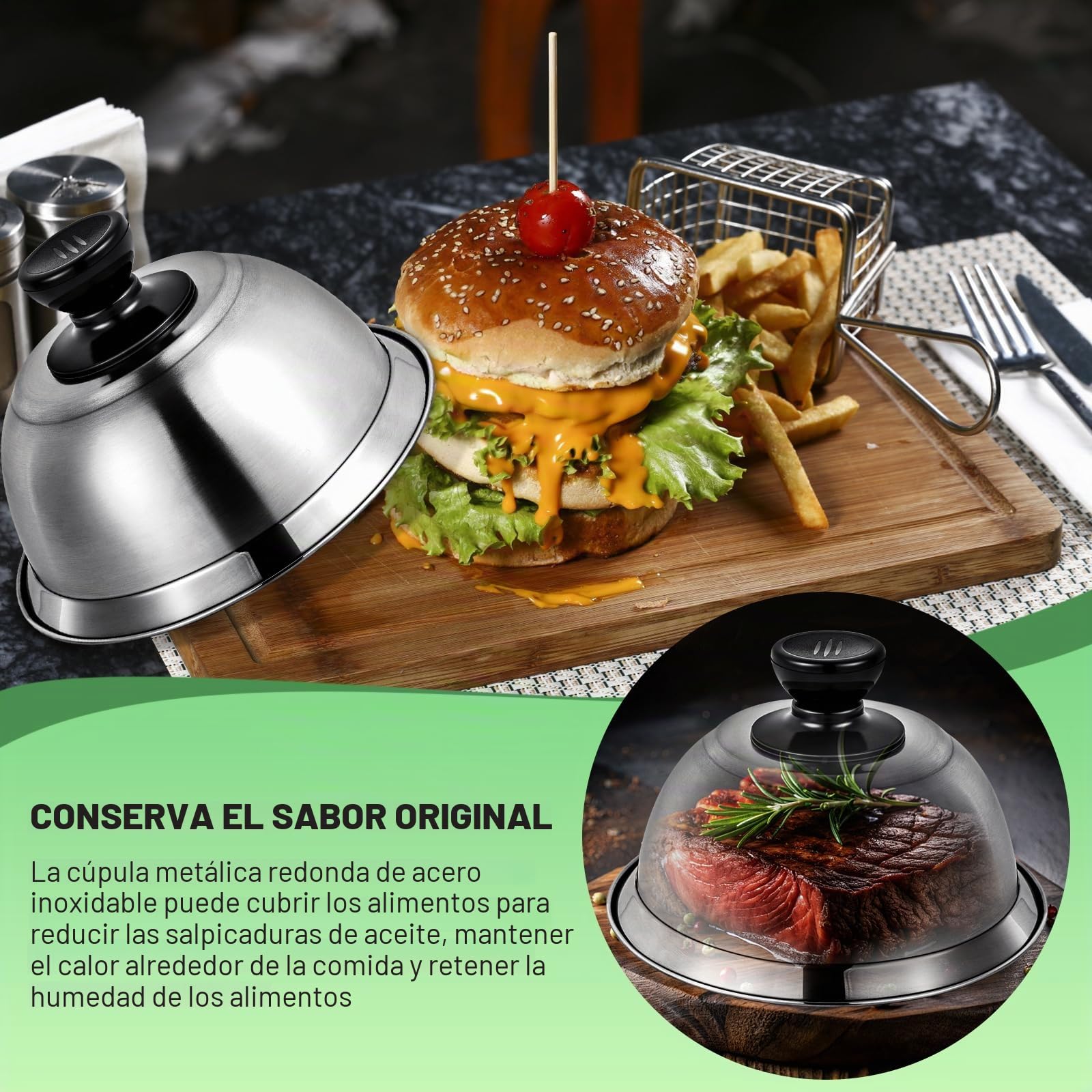 2 unidades de 16 x 6,6 cm Campana para hamburguesas, tapas de acero inoxidable para barbacoa, cocina, bistec, barbacoa y teppanyaki, apto para lavavajillas