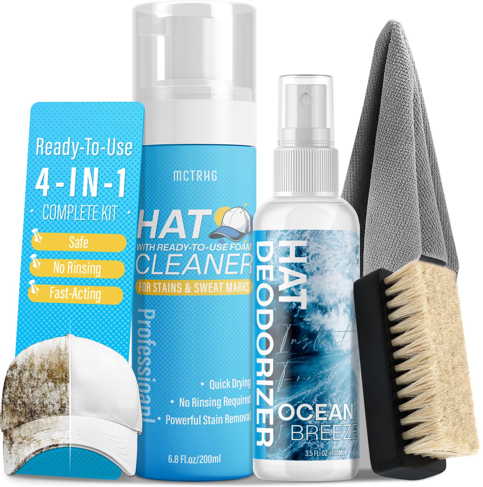 Kit profesional para limpiar gorras de béisbol. Limpiador suave para gorras de béisbol. Elimina manchas de sudor y suciedad de forma segura. Para todo tipo de gorras. Incluye desodorante, cepillo y toalla de microfibra.