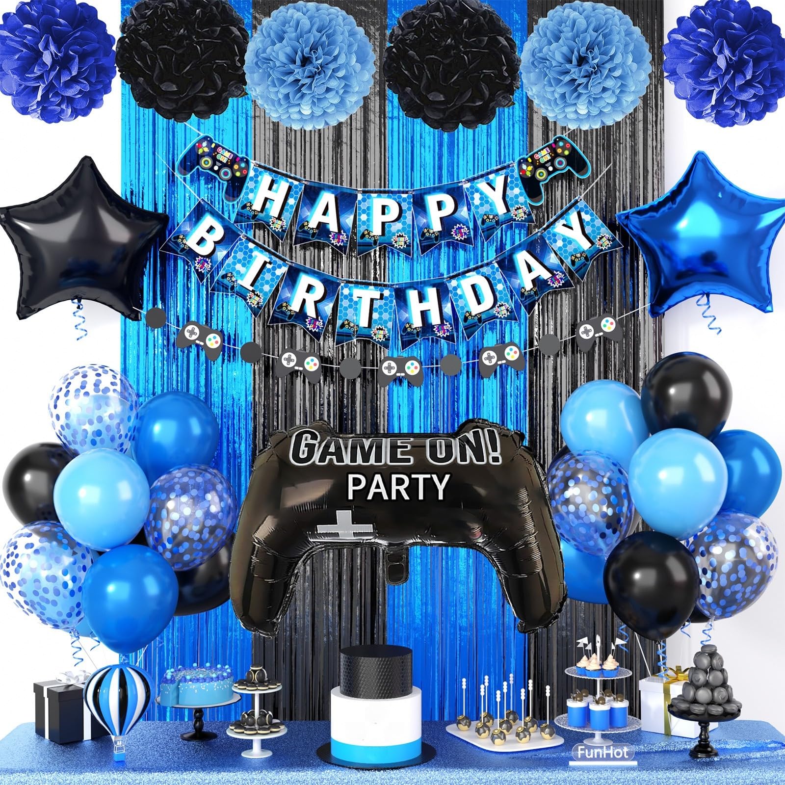 Video Game Birthday Decorations,Gaming Party Supplies,Include Blue Black Party Foil Balloons Happy Birthday Banner Fringe Curtain Tissue Paper Pompoms