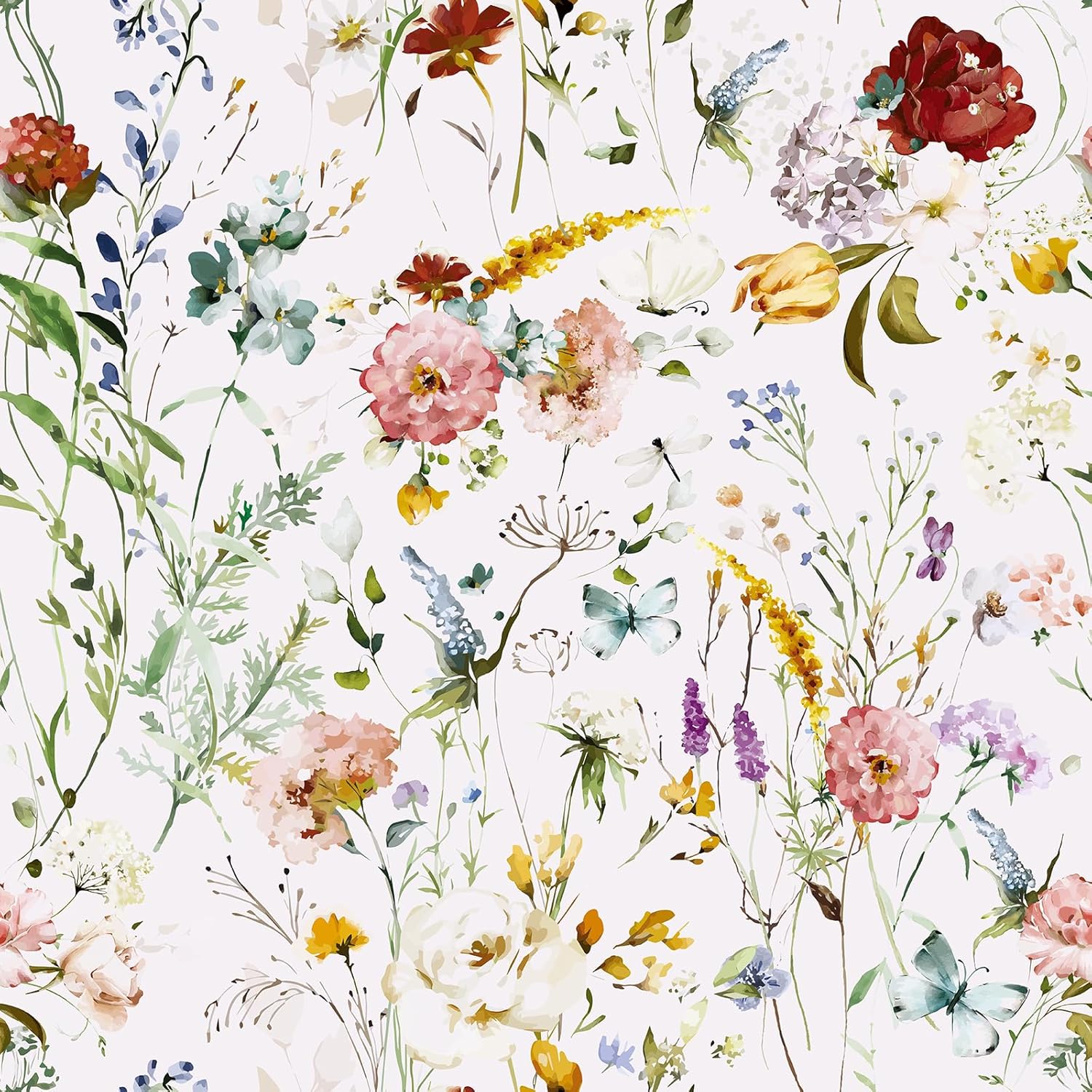 VaryPaper Vintage Floral Wallpaper Peel and Stick Watercolor Butterfly Floral Contact Paper for Cabinets Waterproof Removable Self Adhesive Wildflower Wallpaper for Bedroom Bathroom Walls 17.7''x315''