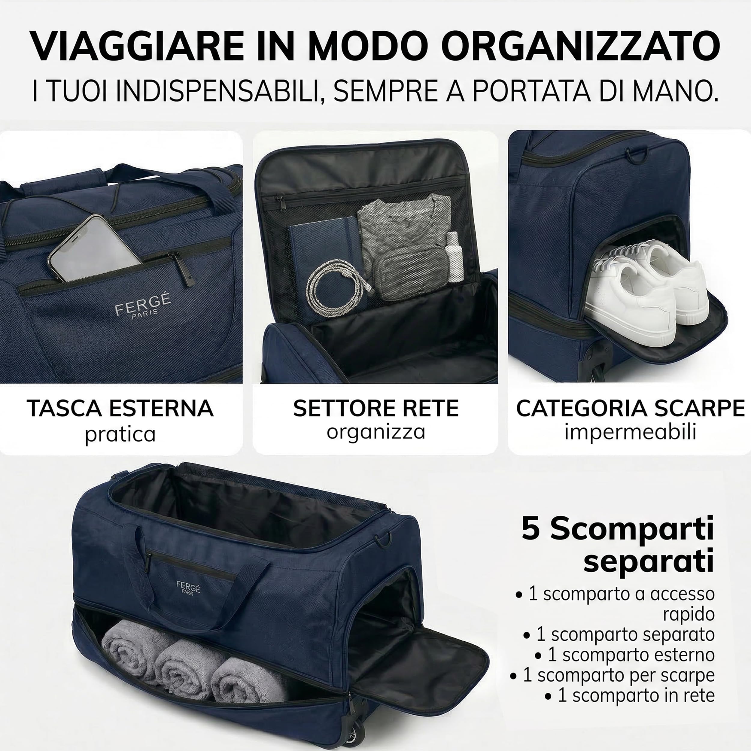 FERGÉ XL borsa da viaggio capiente con rotelle, espandibile e scomparto per scarpe - Trolley con cinghie di fissaggio, borsa da viaggio morbida, Weekender PARIS