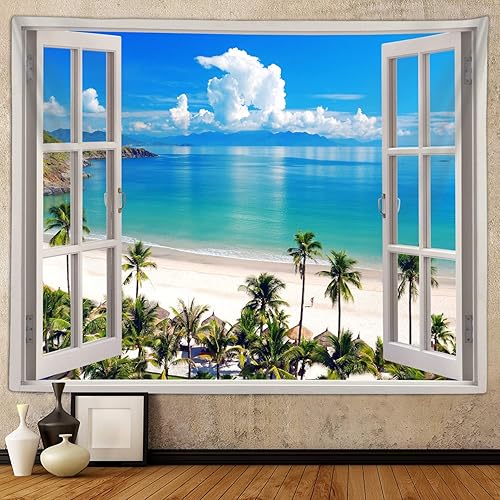 Miniatura 3 de Tapiz de playa oceánica, decoración de ventana falsa de naturaleza de mar de Hawái, para colgar en la pared, para dormitorio, dormitorio,