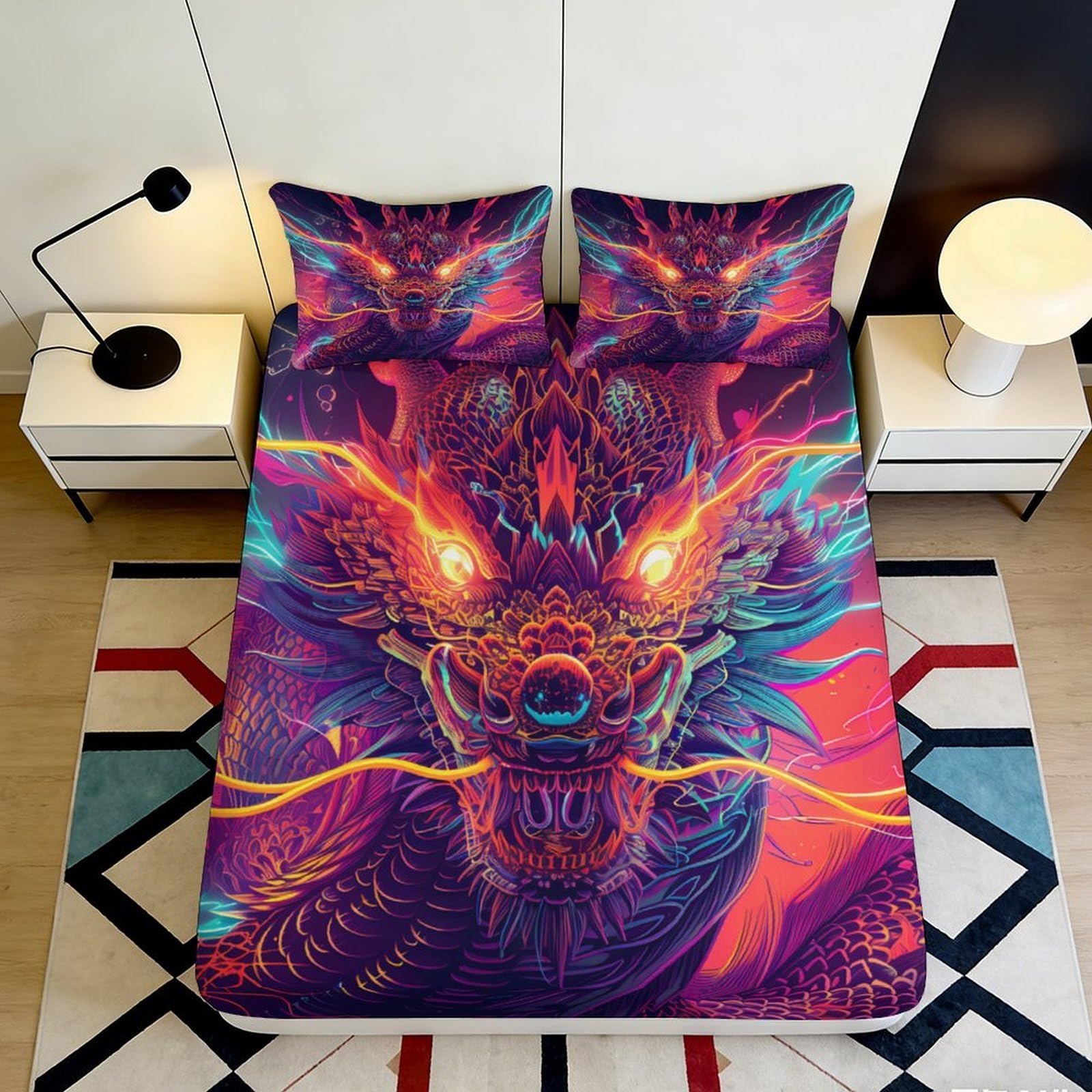 3D Printed Neon Dragon Fitted Sheet Microfiber Soft Durable Vibrant 3D Printed Electric Fire Mattress Cover for Bedroom Dormitory Guest Room 140x200x25cm