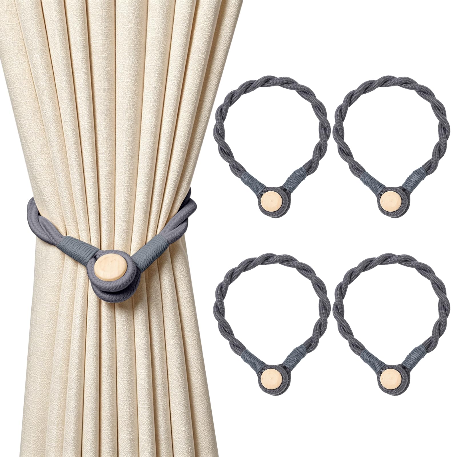 4 Pcs Magnetic Curtain Tie Backs, Modern Simple Style Curtain Tiebacks Curtain Holdbacks Drape Tie Backs, Magnetic Curtain Buckle Clips for Home Office Hotel Thin or Thick Window Drapery Decor (Grey)