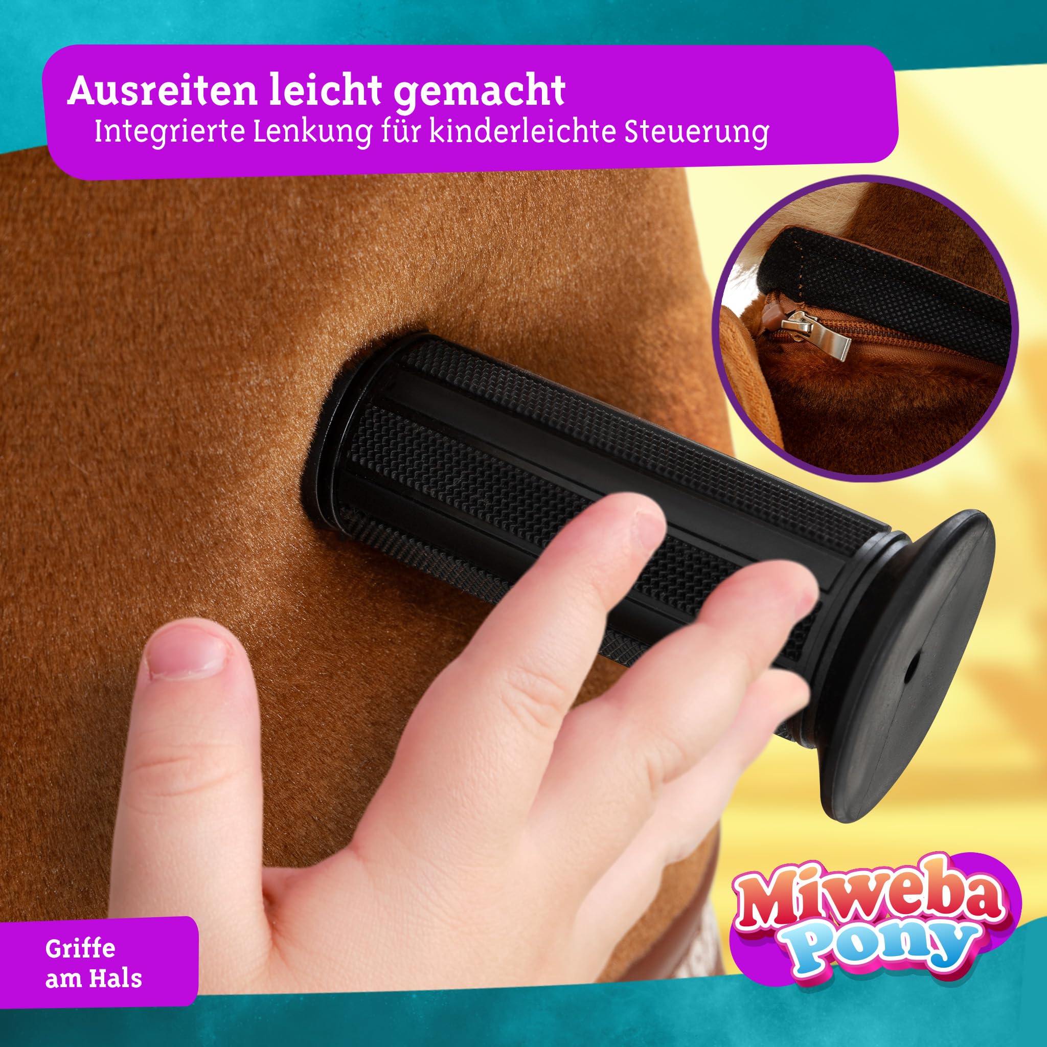 Miweba Pony Amadeus | Reitpferd auf Rollen - Pferd für Kinder - Schaukelpferd - Schaukeltier - Kuscheltier - Spielpferd zum Reiten - Plüschtier - Stofftier - Stehpferd - 4-8 Jahre (Medium)