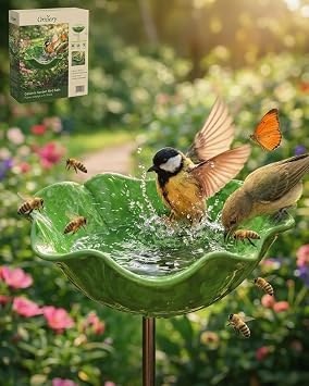 Handmade Metal Flower Garden Stake with Bee Bath & Bird Water Bowl Decorative Outdoor Yard Art, Butterfly & Pollinator Watering Station, Weather-Resistant Garden Decor GiftGreen,1pc