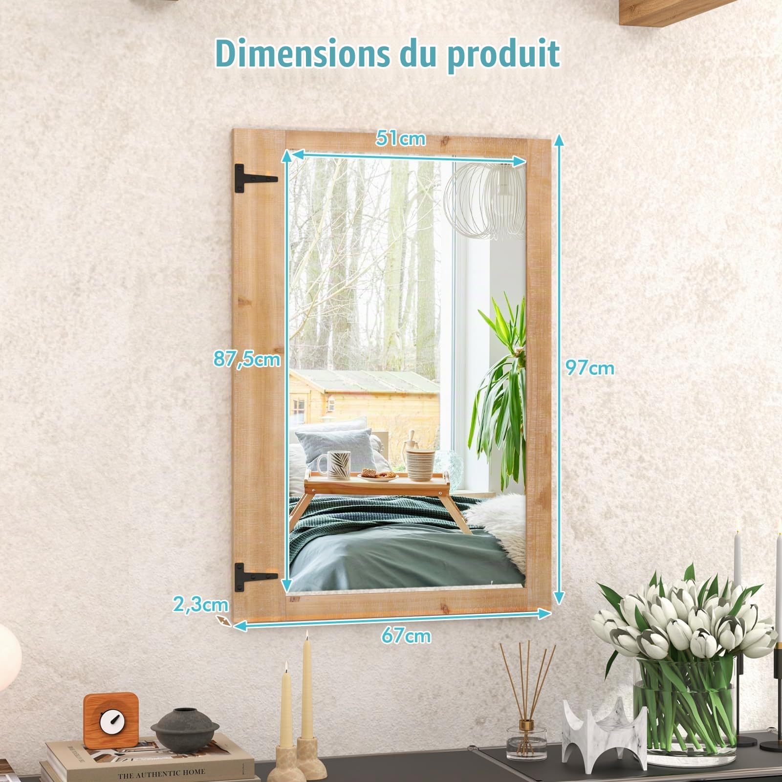 LIFEZEAL Miroir Mural Rectangulaire 97 x 67 cm avec Cadre en Bois de Sapin | Miroir Décoratif avec Crochets en Métal, Style Rustique, pour Chambre, Salon, Entrée, Naturel