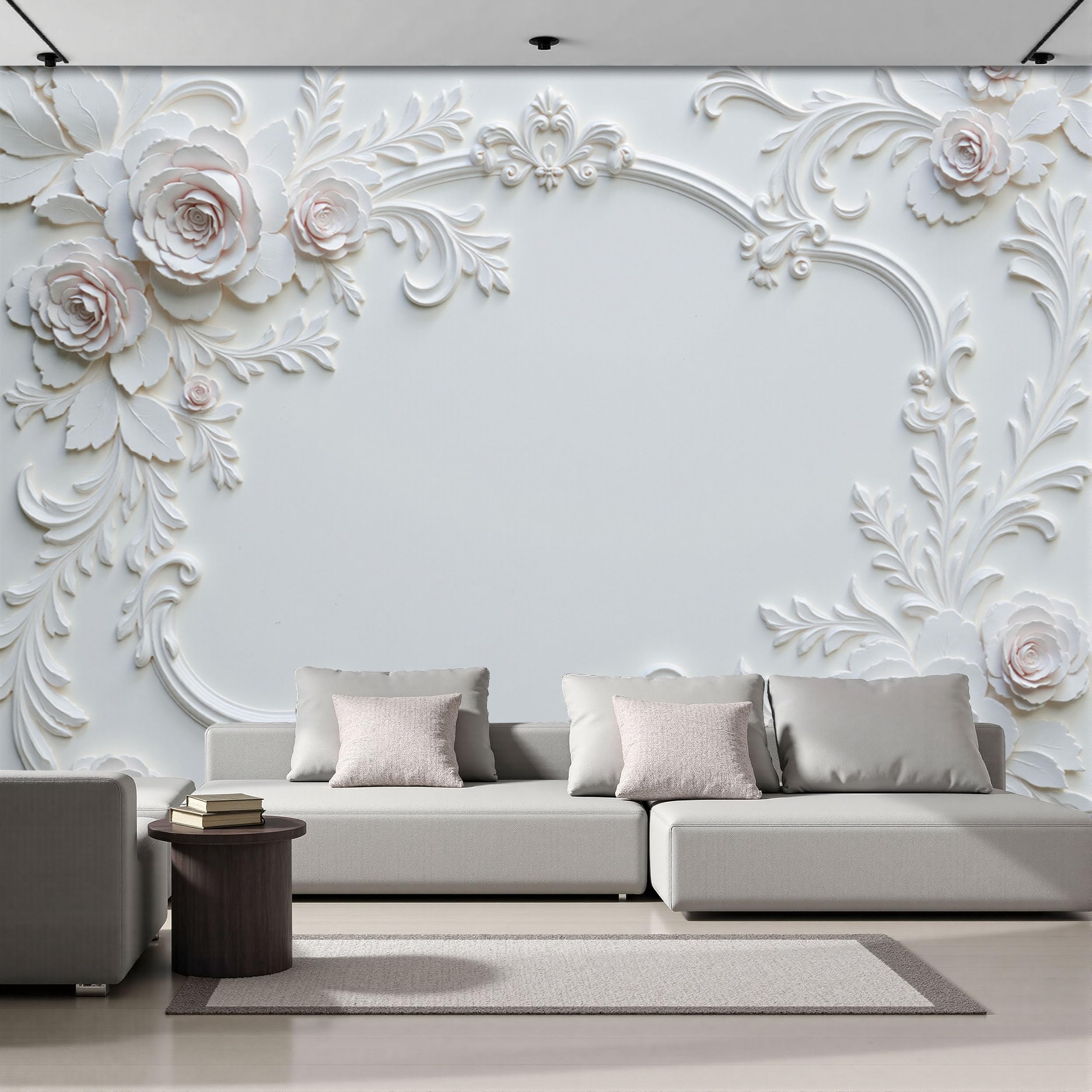 Papier peint 3D panoramique baroque blanc en soie 250x175cm pour salon TV