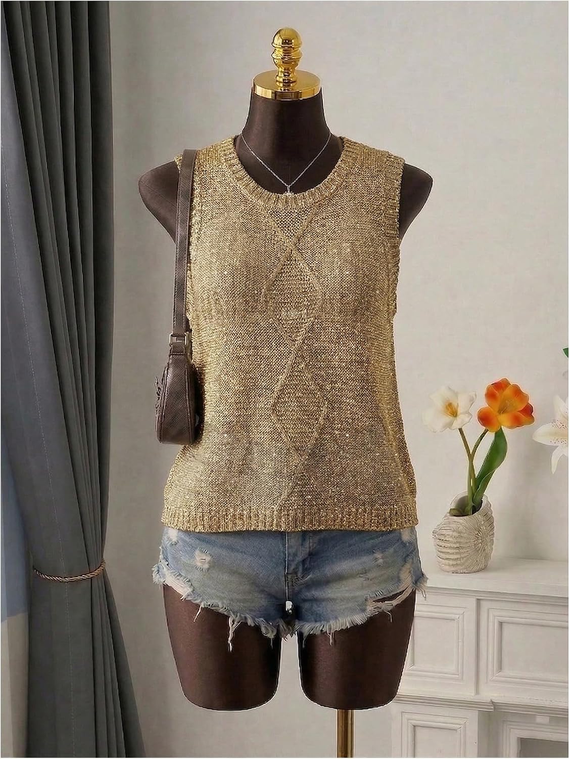 Verdusa Women's Shiny Cable Knit Sweater Vest Asymmetrical Sleeveless Knit Tops Summer Outfits