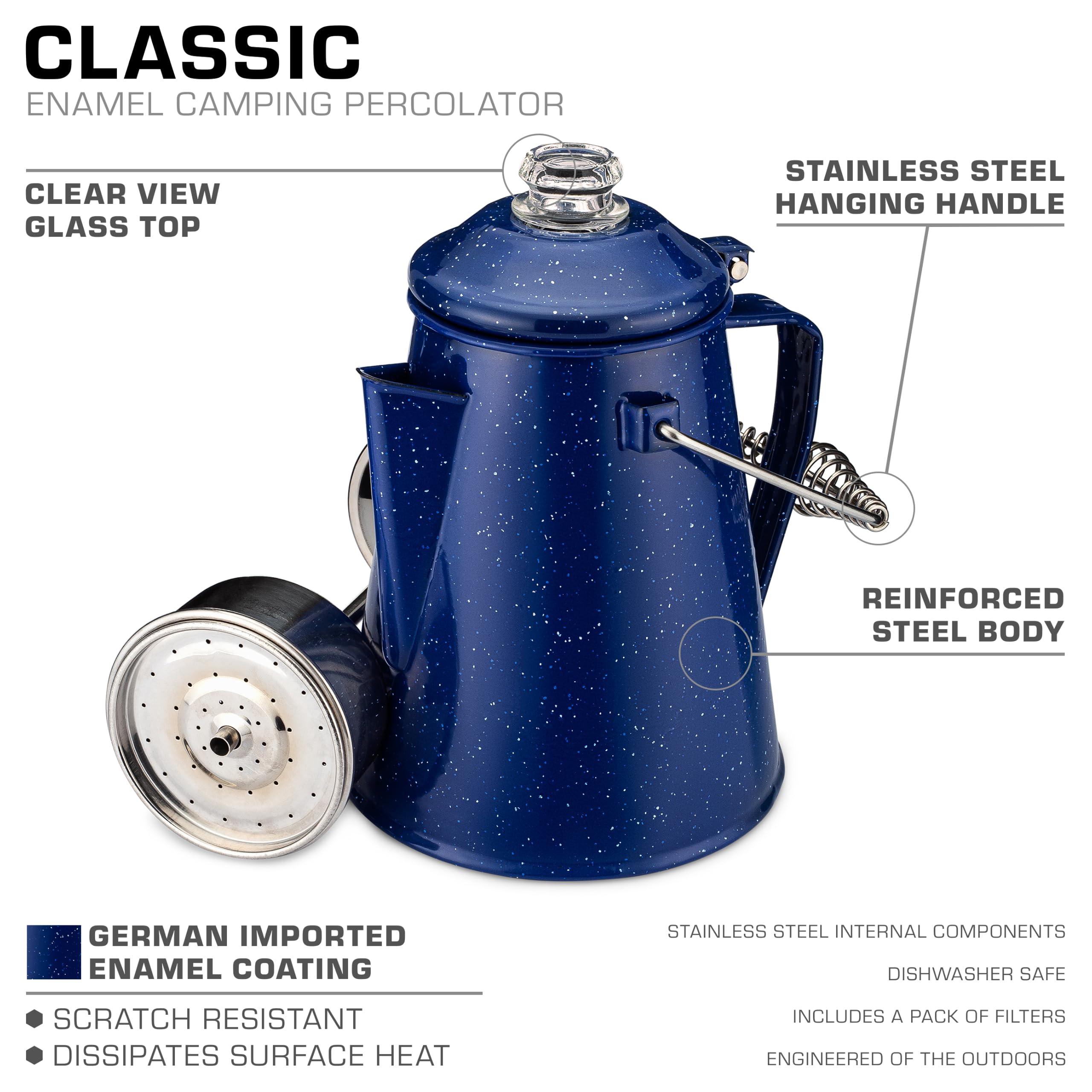 Coletti Cafetera clásica con percolador esmaltado (Azul, 12 Tazas): la cafetera Original para Acampar Hecha Moderna, Esencial para el Maestro cervecero del Campamento