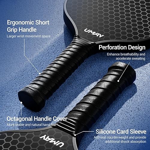 Miniatura 4 de UMAY Paleta de pickleball para fitness, aprobada por USAPA de 0.630 in T300 de fibra de carbono, raqueta ligera de pickleball con bolsa y cintas de