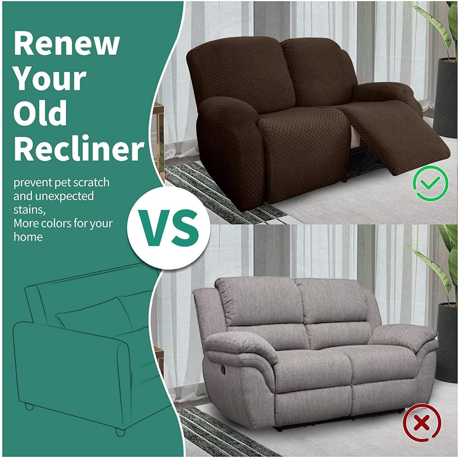 6-Pieces Stretch Loveseat Recliner Slipcover Latest Jacquard Recliner Sofa Cover with Side Pocket Fitted Recliner Cover Couch Furniture Protector with Elastic Bottom (Brown)