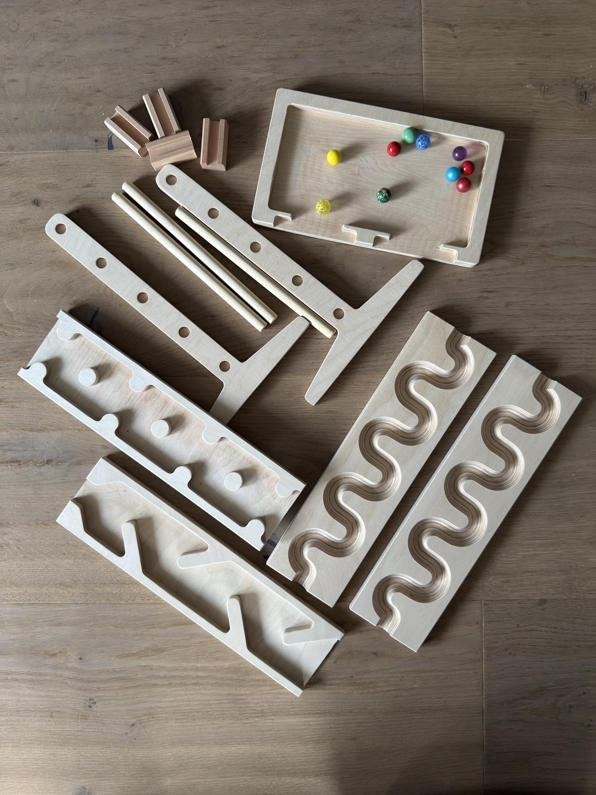 Murmelbahn-Set 2er Kombi, Schlängelplatten, Hinternissplatten, Wettrennen Turm, Auffangschale Kugelbahn Holzspielzeug
