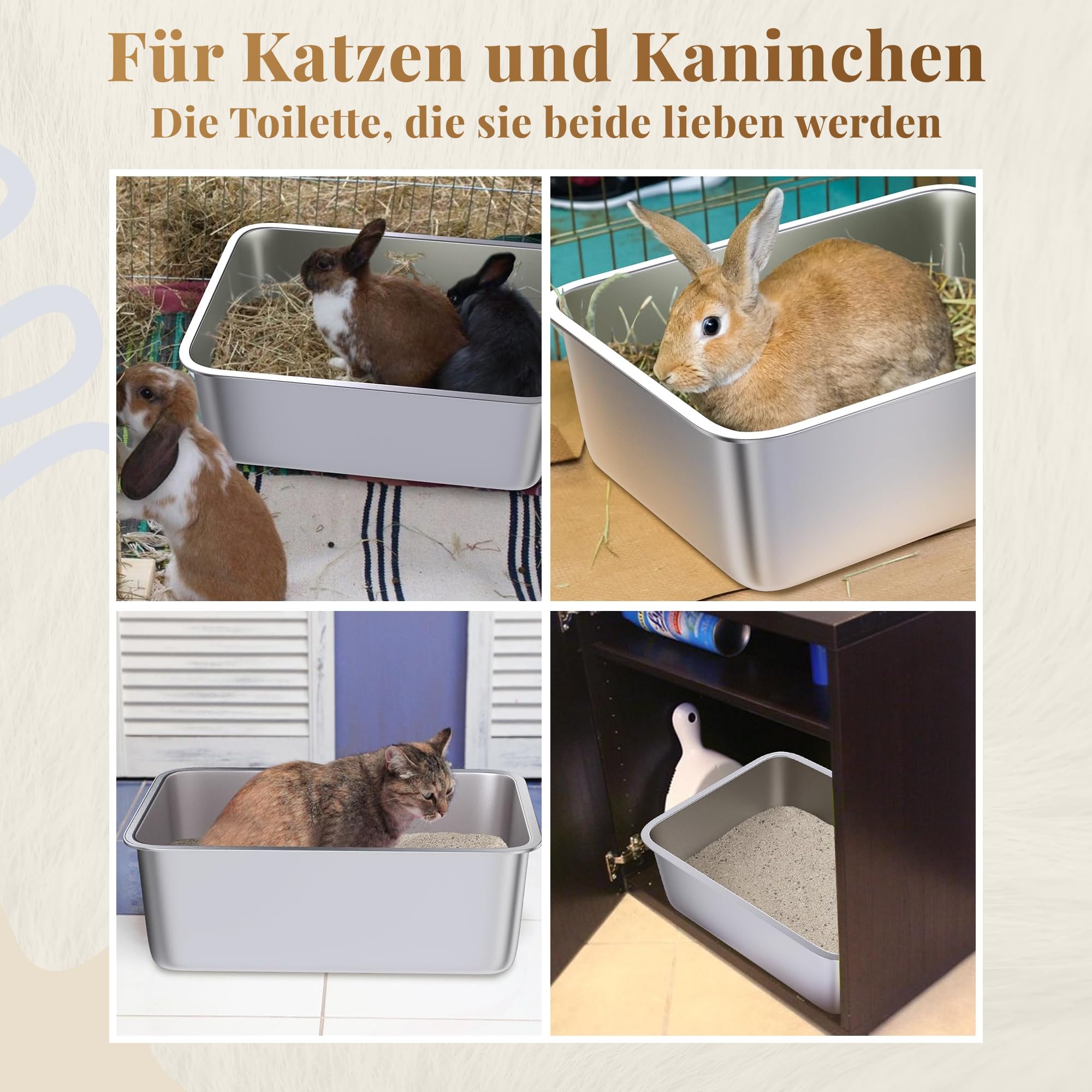 Lettiera per gatti in acciaio inox, XXL, facile da pulire, resistente agli odori, 60 x 40 x 15 cm, rivestimento antiaderente, adatta per gatti grandi e piccoli, conigli