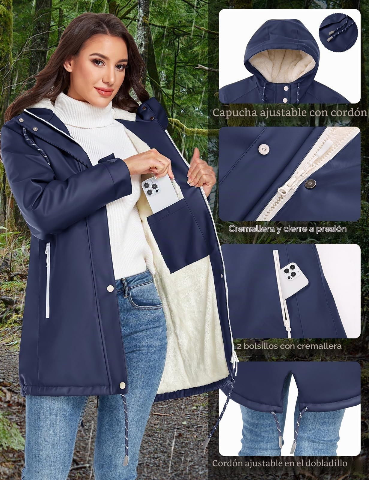 Vancavoo Chubasquero para Mujer Chaqueta Impermeable Abrigo Invierno Parka de Capucha Cálido Largo Abrigos Resistente al Viento Senderismo