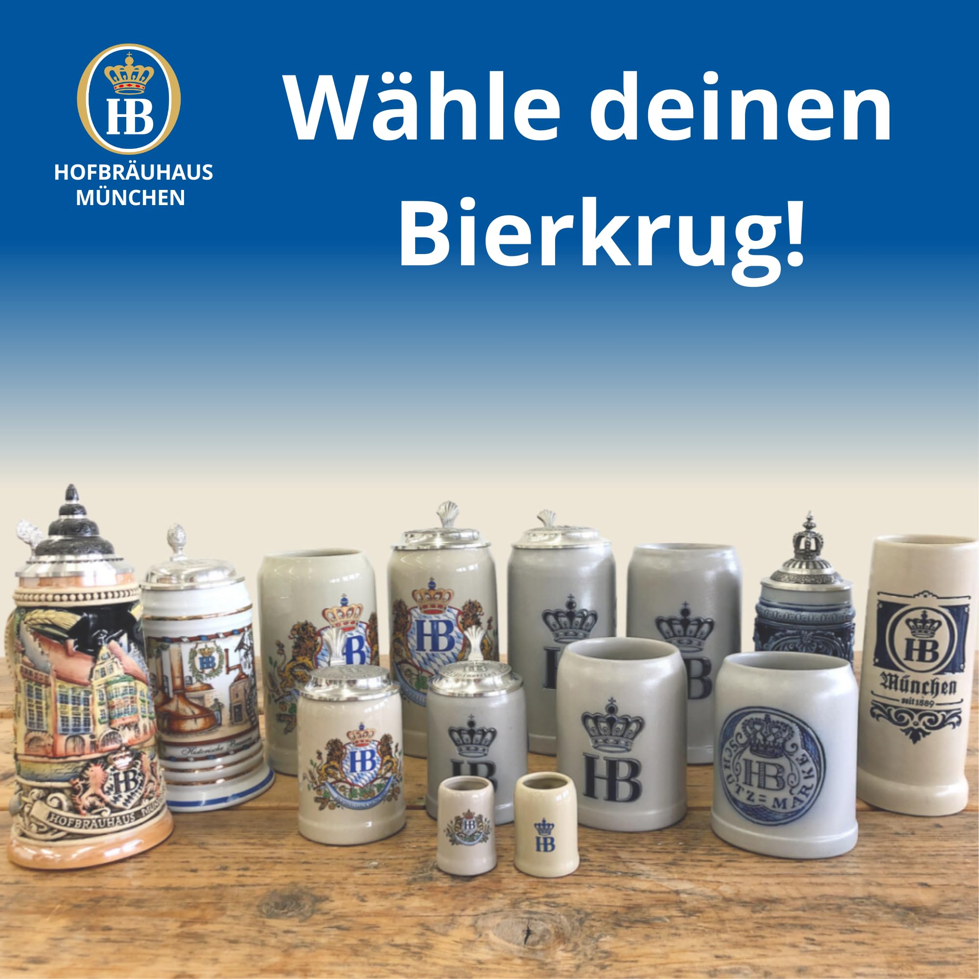 Hofbräuhaus München Bierkrug | Steinkrug Saga 1589" 0,5 l Maßkrug l Bierglas Original HB Logo, HB Krug mit München Schriftzug und Gründungsjahr in Blau mit Eleganten Traditionellen München Design
