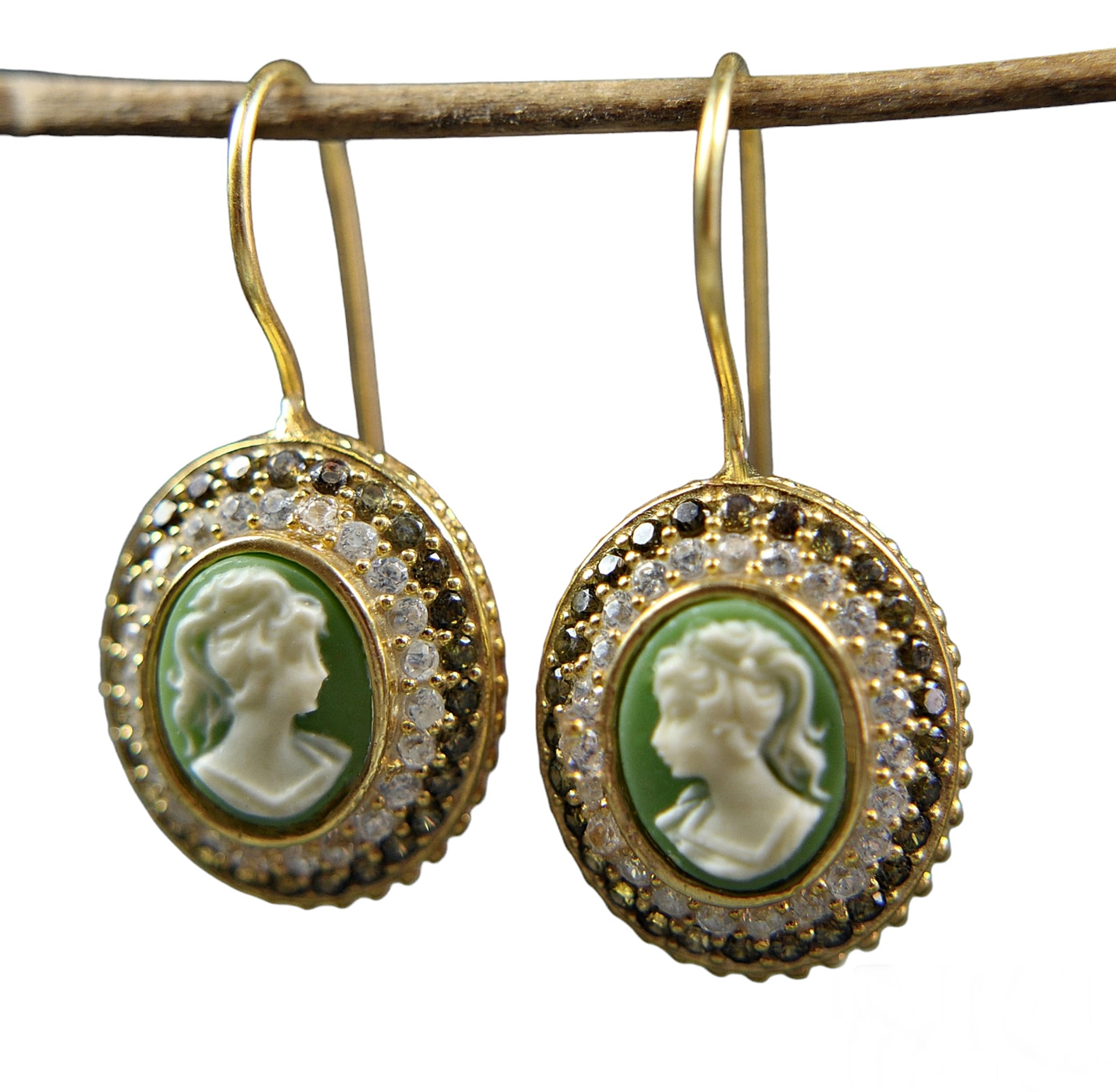 925 Silber Ohrhänger - Hängend - 14k Vergoldet - Lady Kamee - Vintage - Kamee - Antik - Zirkonia - Gemme - Jugendstil - Geschenk für Frauen - Geburtstagsgeschenk - Schmuck-Geschenk