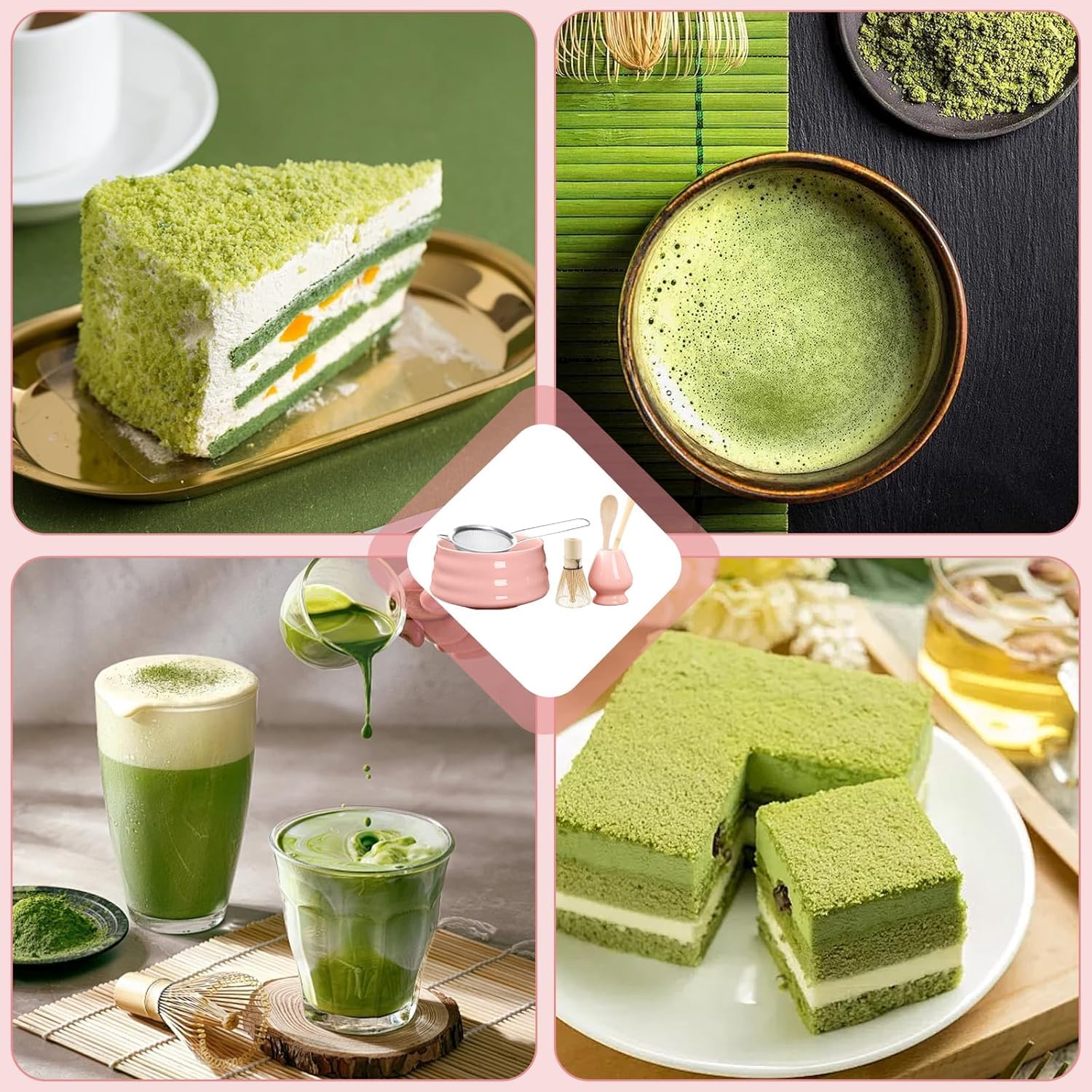 5 szt. Japoński zestaw ceremonii matcha, zestaw matcha różowy, bambusowy mikser matcha, miska matcha, łyżka, sitko, uchwyt na mikser