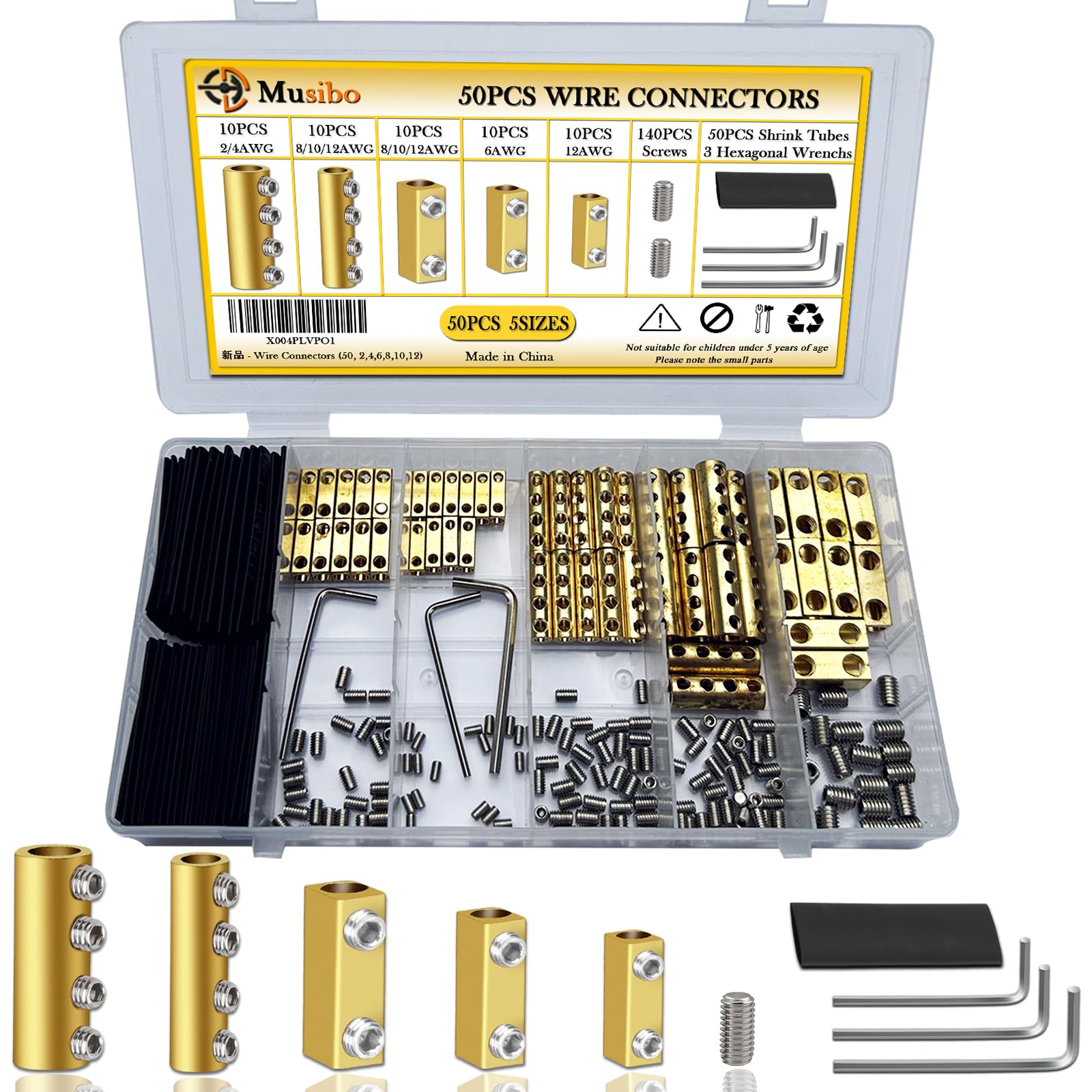 50pcs 2, 4, 6, 8, 10, 12AWG Wire Connectors, Quick Wiring Connection Terminal, Circuit Connector Wire Connector with Screws, Heat Shrink Tubes &