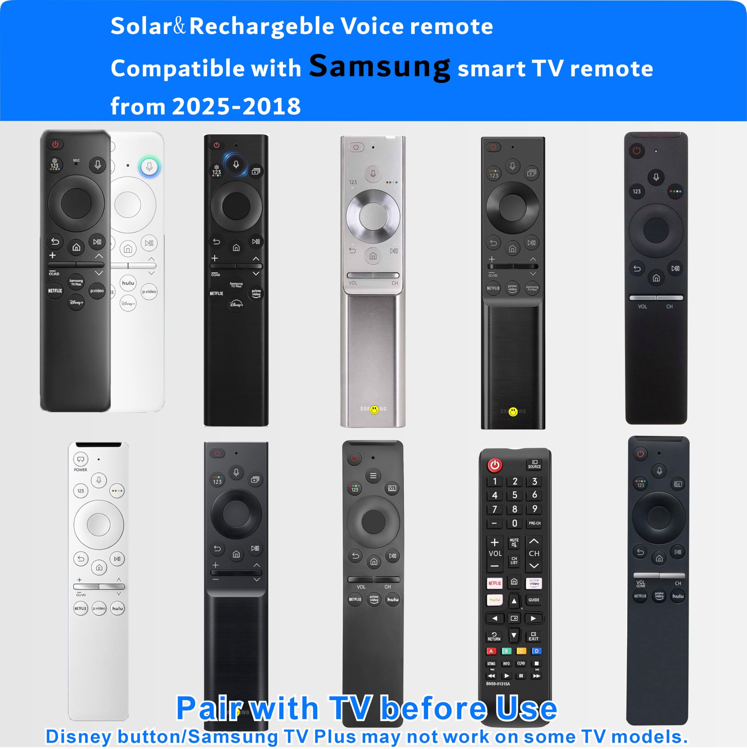 Replacement Solar TV Remote Control for Samsung Smart TV (2018-2025): Rechargeable solarcell, USB-C Charging, Voice & Bluetooth, Neo, QLED, Crystal UHD, Frame, Terrace, Sero, Serif and Monitor | Recargable | Solarcell | Carga rápida | Universal | Bluetoot