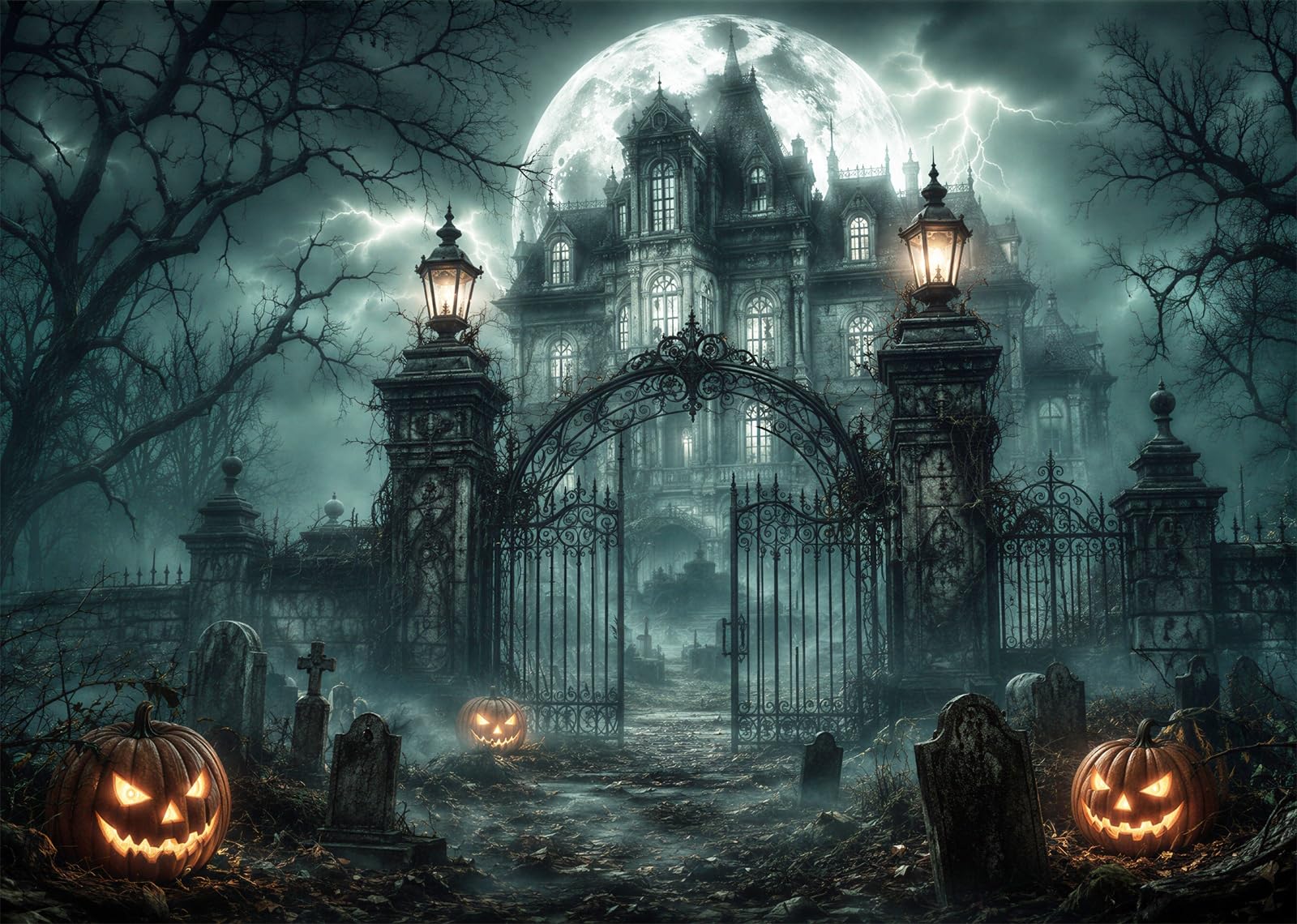 BELECO 5.2x3m Tessuto Sfondo Halloween Villa Infestata Cimitero | Casa Infestata Spaventosa Zucca Lapide Fulmine Luna Piena Sfondo Festa Orrore Telo Di Sfondo
