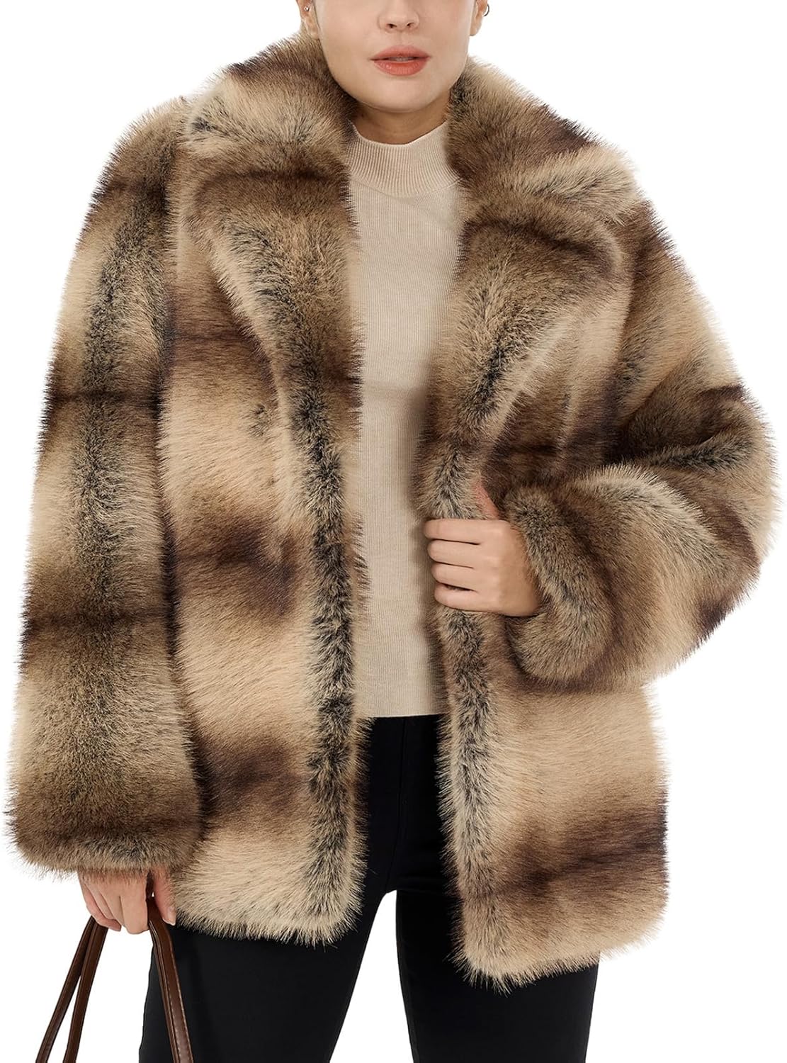 Women's Fluffy Faux Fur Coat Winter Warm Long Sleeve Lapel Cardigan Raccoon Fur Fuzzy Jacket with Belt Pockets