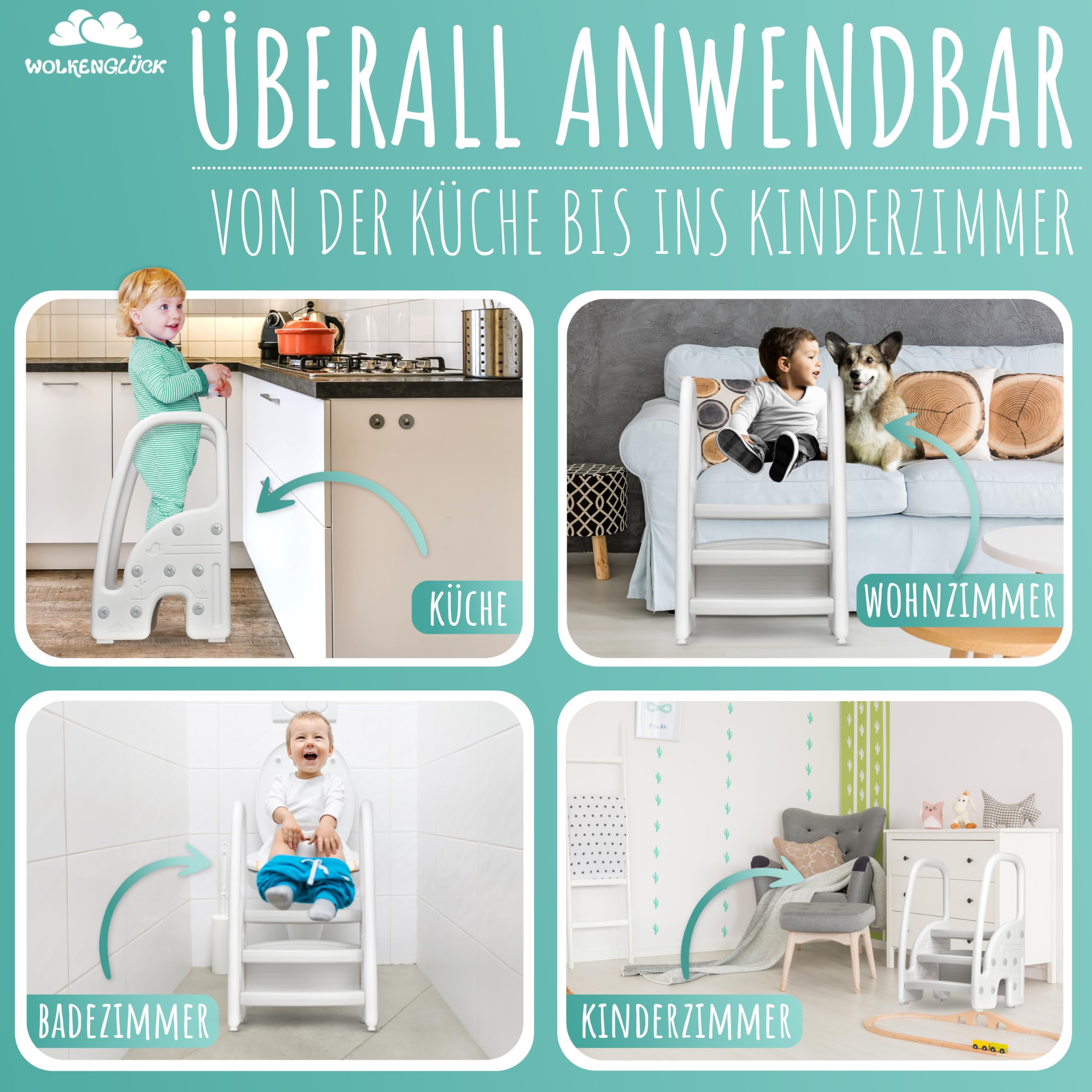WOLKENGLÜCK® Taburete infantil (3 niveles) – Taburete antideslizante para niños de 1,5 a 6 años (soporta hasta 70 kg) – Escalera infantil para baño, lavabo, cocina o inodoro – Taburete infantil