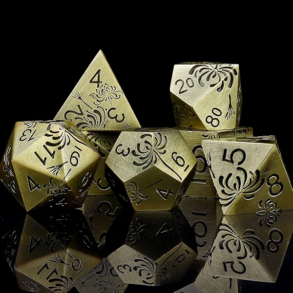 Haxtec Metal DND Dice Set Flower Polyhedral D&D Dice Compatible with Dungeons and Dragons Gift TTRPG Metal Dice Game Table Leather Dice Bag- Bronze