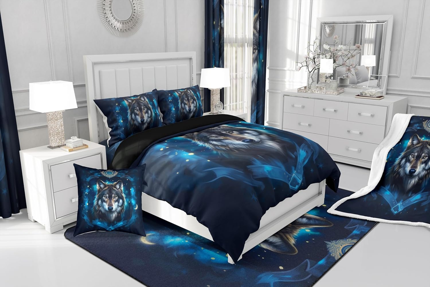 Feelyou Wolf Fleece Throw Blanket Queen 90"x90" Animal Wolves Plush Blanket for Bed Sofa Couch Mountain Moon Wolf Sherpa Blanket Blue Fuzzy Blanket Room Decor Flannal Blanket